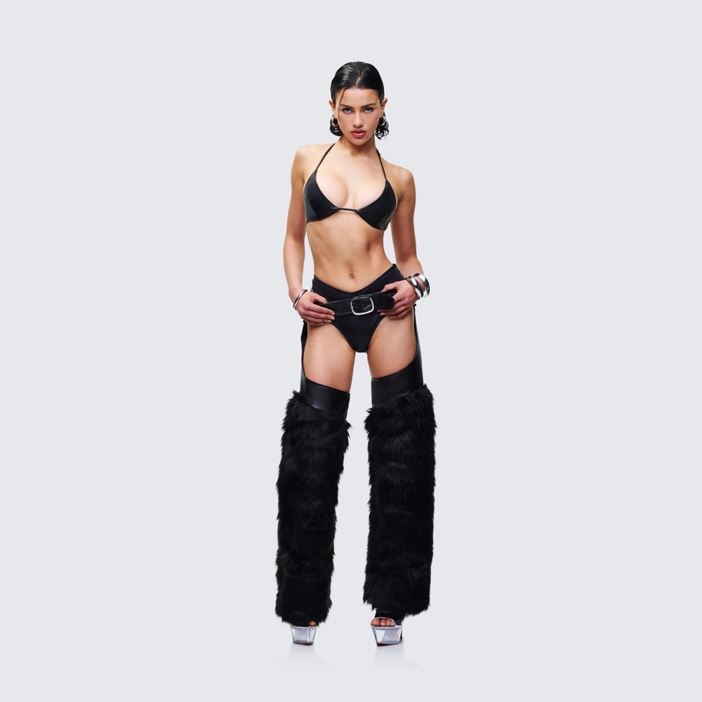 Zaria Black Vegan Leather Fur Trim Chaps 2X CR16-4